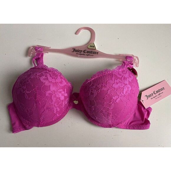 Juicy Couture Sexy Push Up Bra Size 36B Pink Neon Thistle Lace JC6309N NEW - Picture 1 of 11